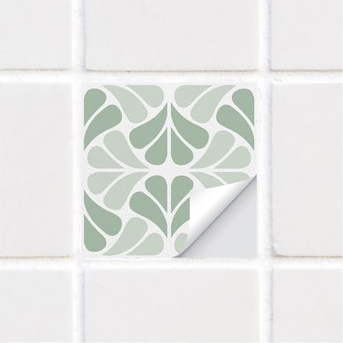 funlife 25 PCS 15X15cm Self-Adhesive Tile Stickers, Textured Vinyl Stick on Tiles, Backsplash Wall Art Decal for Kitchen DIY Decoration, Sage Green Floral Petals
