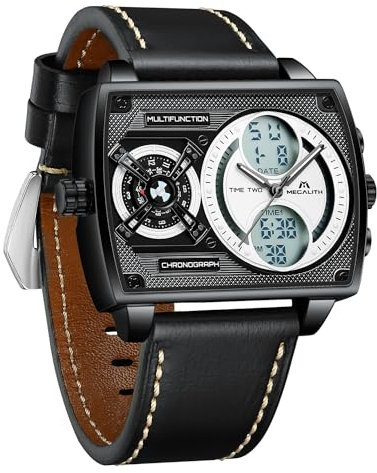MEGALITH Herren Uhr Lederarmband Armbanduhr: Groß Zifferblatt Quadratisch Multi-Zeitzone - Digital Sportuhr für Herren Schwarz - Analog Quarz Uhren fur Männer