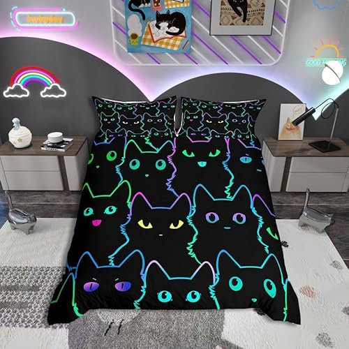 Neon Schwarze Katze Bettwäsche Set 200x200 für Mädchen Jungen,Bunte Lustige Katze Bettbezug Kawaii Zimmer Dekor,Cartoon Katzen Tröster Abdeckung für Katzenliebhaber,Gradient Line Bett Set Reversible