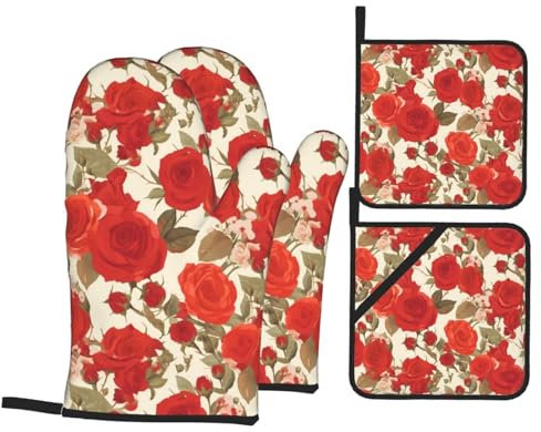 YYHWHJDE Lot de 4 maniques et maniques imprimées roses rouges : épais et durables, anti-brûlure et isolant thermique