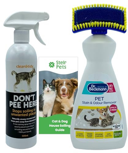 Dr Beckmann Pet Stain and Odour Remover Bundle with Sharples Don’t Pee Here Deterrent Spray for Dogs and Cats and Stelr Pets House Soiling Guide