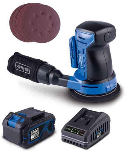 Scheppach Akku-Exzenterschleifer C-OBS125-X 20V Schleifmaschine mit Softstart | SchleiftellerØ 125mm | Schwingkreis 2mm | Softgrip-Griff & Staubabsaugung | 20V-IXES-Serie | mit 4Ah Akku & Ladegerät