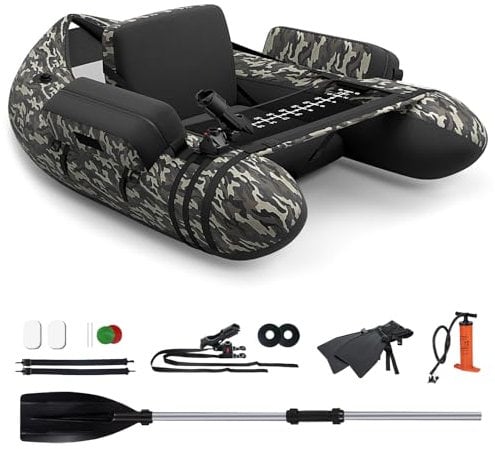 GYMAX Inflatable Fishing Float Tube, Fishing Boat with Adjustable Backpack Straps, Pump, Fish Ruler, Storage Pockets, Paddle, Rod Holder & Flippers, 150 KG Load Capacity (Camouflage, 135 x 110 x 54cm)