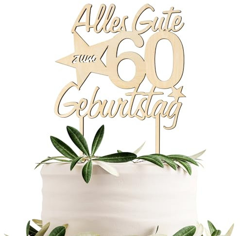 BETESSIN Torten Deko 60 Geburtstag Alles Gute zum Geburtstag 60 Jahre Cake Topper Holz Tortenstecker Happy 60th Birthday Kuchen Topper Kuchendeko 60 Geburstagstorte Deko Frauen Männer