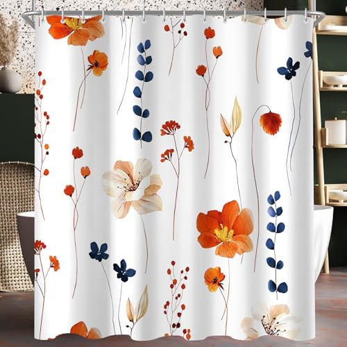 Lerores Duschvorhang 240x200 cm Orange & Navy Blume,Beschwerter Saum Antischimmel,Wasserabweisend, Waschbar Polyester Badevorhänge mit 16 Ösen und Duschvorhangringe für Badezimmer,Badewanne