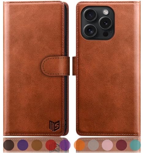SUANPOT [RFID Schutz für iPhone 16 Pro 6.3 Hülle PU Leder Handyhülle Lederhülle Klapphülle Kartenfach Flip Cover für Apple 16 Pro Handy hülle Leather Wallet Phone Case Hellbraun