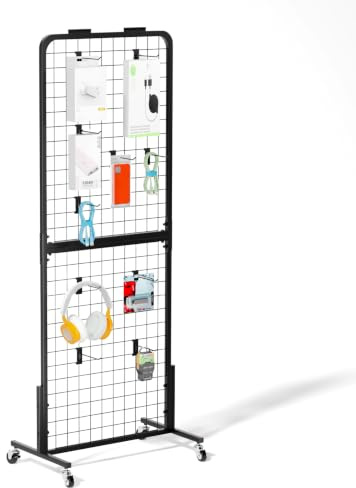 Lhysn Grid Wall Panel Display Stand, Retail Rack, Shop Display, with 15 Hooks, Heavy Movable Detachable Gird Rack for Easy Transport, Double Side Display Stand, for Shop/Office/Home (1 PC)