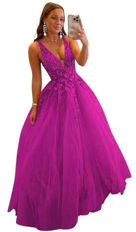 Vestido de tul para mujer, con cuello en V, vestido de fiesta con apliques de encaje, vestido largo de princesa, vestido de baile formal, vestido de boda, fucsia, 4XL