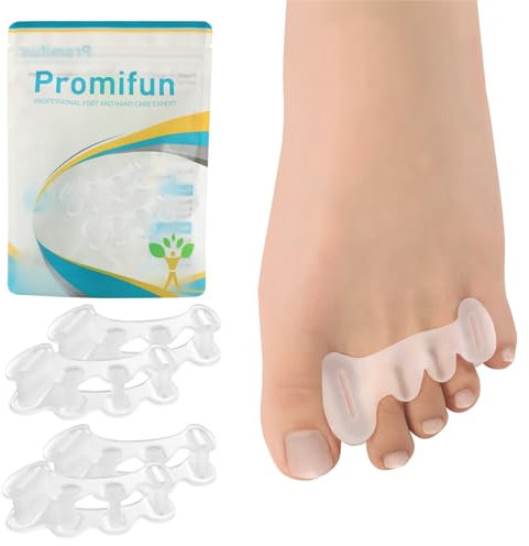 Promifun Zehenspreizer, 2 Paar weiche Gel-Zehenabstandshalter zur Korrektur von Ballenzehen, Zehenspreizer zur Linderung von Plantarfasziitis, Fußschmerzen bei Männern und Frauen (Klar + L)