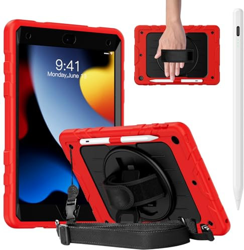 Stweap Case for iPad 9th/ 8th/ 7th Generation 10.2'', Case for iPad 10.2 inch with Hand/Shoulder Strap, Pencil Holder, Include Stylus Pen for iPad(Fast Charge Apple iPad Pencil) (Red/Black)