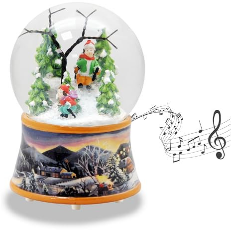 Schneekugel Skifahrer Wintersport | Sockel nostalgische Winterlandschaft Ocker | mit Spieluhr | Schüttelkugel Weihnachtsdekoration | B: 10 cm H: 14 cm | 20275