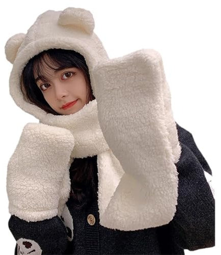 WSKMHK Damen Fleece Mützenschal, Wintermütze mit Schal in einem, Weiß (DE/NL/SE/PL, Alphanumerisch, Einheitsgröße, as Shown)