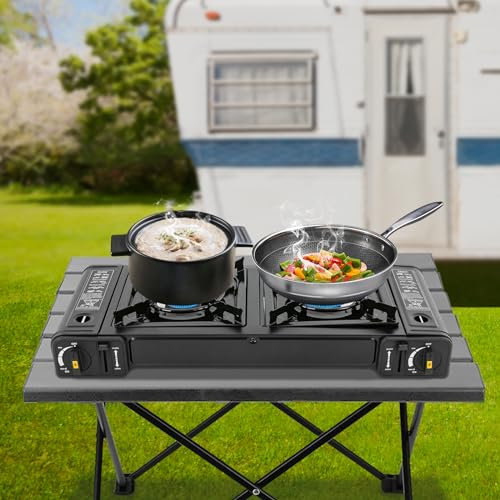 HuKaiL Gaskocher Camping, Tragbarer Gaskocher 2-Flammig Einstellbare Feuerleistung mit Tragetasche, Campingkocher Gas mit Sicherheitsschloss für Camping, Wandern, Picknicks, Grillpartys, 64*27.8*8cm