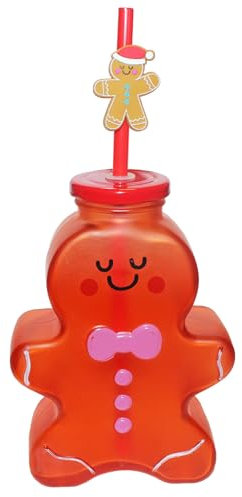 Widdle Gifts Christmas Drinking Glass Cup with re-usable Straw Novelty Shape Glass with Lid (Gingerbread Man 8786)