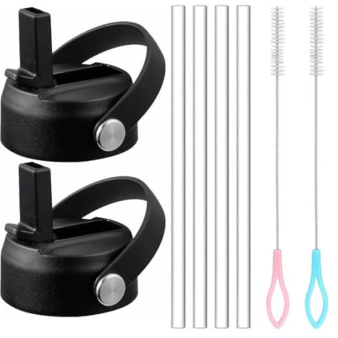CPRNQY Lot de 2 couvercles de rechange pour gourde Hydro Flask Wide Mouth - Couvercle simple de rechange pour gourde Wasserfla - 4 pailles de rechange - 2 pinceaux de couleur aléatoire