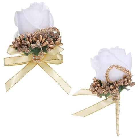 sourcing map Ansteckblume für Handgelenk und Knopflochblumen, handgefertigt, für Braut, Bräutigam, Hochzeit, Jahrestag, Weiß/Gold