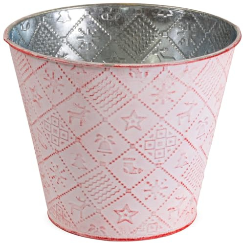 Runder Pflanztopf Winterdeko, Pflanzkübel in Ø 14,5 x 12,5 cm, Rot - Metall Pflanzschale als Weihnachtsdeko - Dekorative Blumenschale für Zimmerpflanzen, Blumentopf für Fensterbank oder Garten