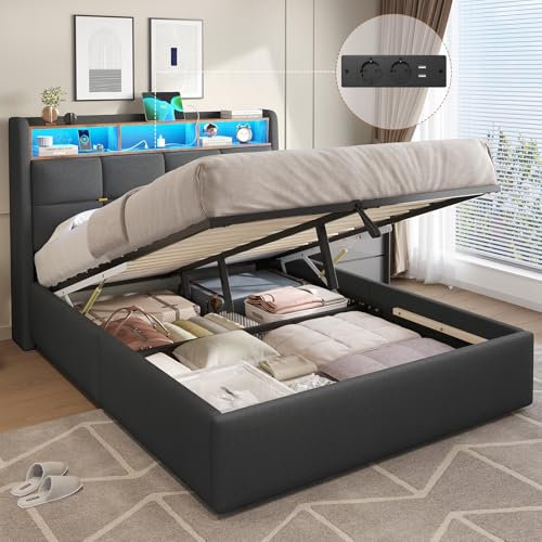 DICTAC Polsterbett 140x190 mit Stauraum Kopfteil und Steckdosenleiste Hydraulisch Stauraumbett mit LED Beleuchtung Bettrahmen Erwachsene mit Lattenrost und Stauraum,Leinen Jugendbett,Dunkelgrau