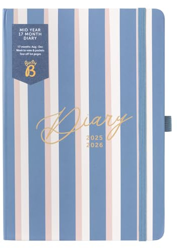 Busy B A5 Tagebuch - Mitte 17 Monate Aug 25 - Dez 26 - Stripe - Wochenplaner mit Stiftschlaufe, Abreißlisten, elastischem Verschlussband und Aufbewahrungstaschen
