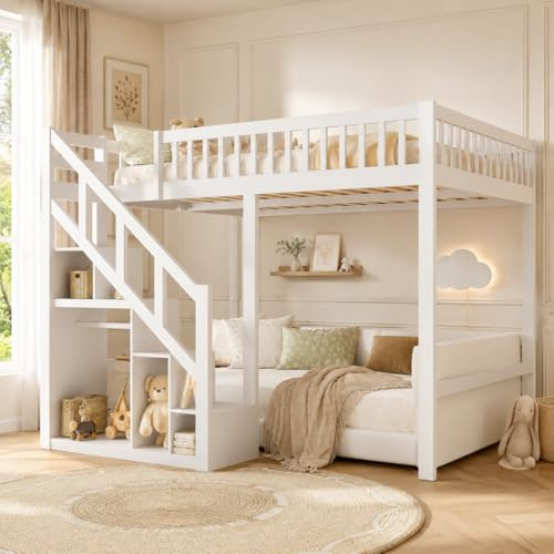 LIVLUX Lit Superposé Enfant 90x200 cm, Lit Mezzanine Multifonctionnel avec Escalier de Rangement et Barrière de Sécurité, Bois Massif Blanc, pour Garçon et Fille (Blanc, 90 x 200 cm)