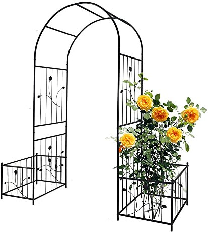 Metall-Gartenbogen mit 2 Pflanzgefäßständern, 200 cm breit x 220 cm hoch, Gartenlaube, Rankgitter für Kletterpflanzen, Rosenbogen, Outdoor-Dekoration, schwarzer Torbogen für den Garteneingang – ideal