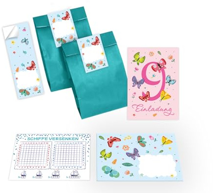 Junapack 12 Einladungskarten zum 9. Kindergeburtstag Einladung Geburtstag Mädchen Schmetterlinge Blumen incl. 12 Umschläge, 12 Tüten/petrol, 12 Aufkleber, 12 Schiffe versenken