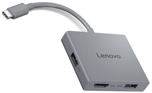 Lenovo Lenovo Hub de Voyage USB-C 4 en 1 avec câble intégré, 1 HDMI 4K @ 60 Hz, 2 Ports USB-A 3.2, 1 Combo de 3,5 mm, Portable, Compact, Haute Vitesse pour Ordinateurs Portables PC - Gris