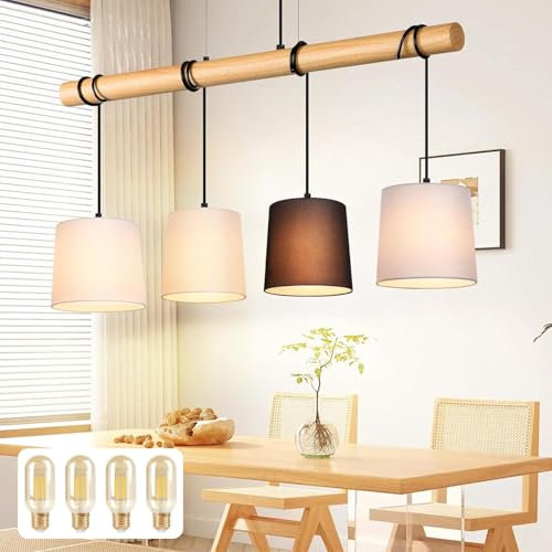 Glitzerlife Hängelampe Esstisch Pendelleuchte Holz - Hängeleuchte 4 Flammig Esstischlampe 4×4W E27 Weiß Vintage Esszimmerlampe Pendellampe Stoff Esszimmer Wohnzimmer Cafés Büros Arbeitzimmer