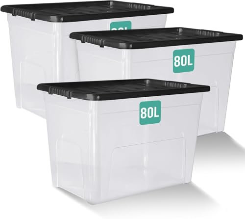 KLASS 3 x 80 Litre Storage Boxes with Lids Set of 3, Clear Multipurpose Nestable Stackable Plastic Storage Box With Lid 80L Clear Containers For Home, Kitchen, Garage, Office, Accessories