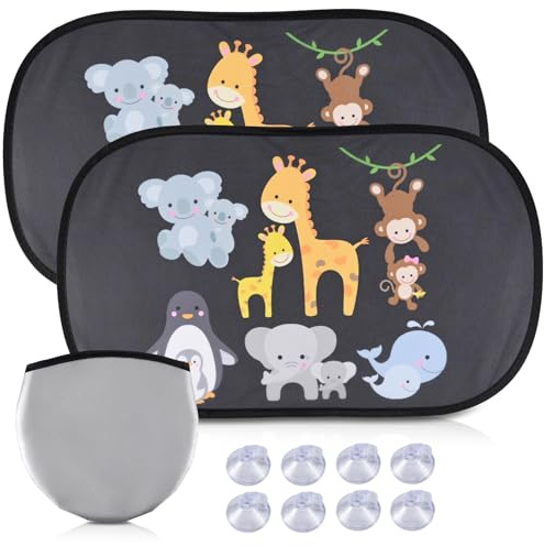 RSWDE Sonnenschutz Auto Baby mit UV Schutz - Auto Sonnenschutz Seitenscheibe (2er Set) - 48.5x31.5cm Sonnenblende mit 8 Saugnäpfen für Kinder mit süßen Tier Motiven