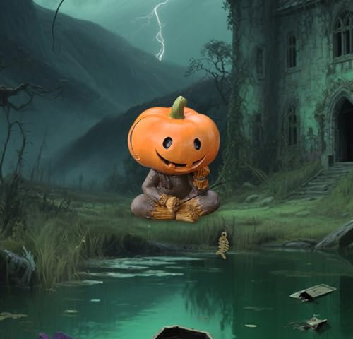 Halloween Deko Kürbis Figur,Gartenfiguren für Draußen Wetterfest,Halloween Kürbisdeko Teich Deko,Teichdeko für Draußen Angler Stroh Kürbis Figuren,Halloween Harz Statue für Blumentopf Gartendeko
