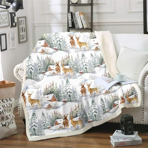 Homemissing Elk Druck Kuscheldecke Wildtiere Muster Decke 75x100cm für Sofa Couch Weihnachts Thema Wohndecke Winter Natur Baum Hirsch Raum Dekoration