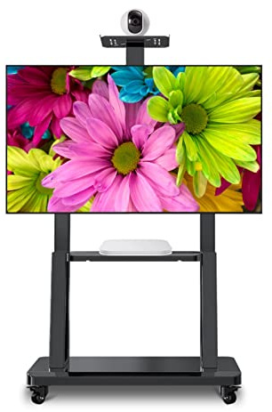 Carrello porta TV moderno nero per TV a schermo piatto da 50 a 75 pollici, carrello regolabile per TV con ruote, resistente, capacità 150 kg, ideale per uso domestico e ufficio.