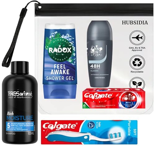 Men’s Travel Toiletries Set – TSA & Airport Security Approved | Hubsidia Clear Travel Bag with Shampoo, Shower Gel, Roll-On Deodorant, Toothpaste & Foldable Toothbrush – Travel Essentials for Men
