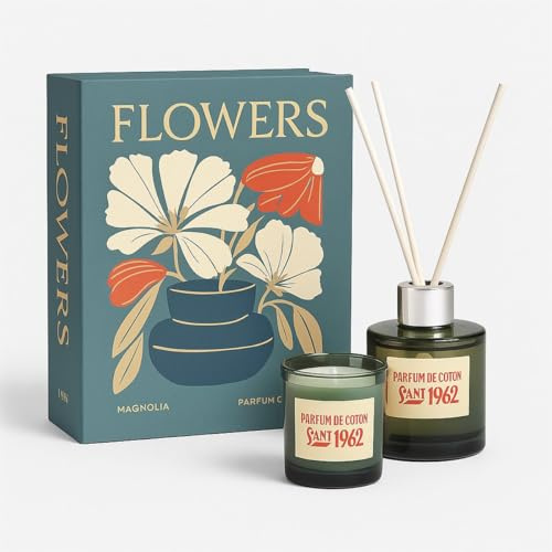 Duftkerzen-Geschenkbox – Luxuriöses Geschenkset mit Duftkerze und Duftstäbchen – Magnolie & Fleur de Coton – Duftset in Buchverpackung – Flowers Collection – Blau