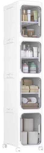 HOMIDEC Bathroom Storage, 4 Tier Narrow Bathroom Cabinet with Wheels and Removable Shelf, Slim Bathroom Storage Unit Free Standing for Toilet Roll, Towel, Shower, Clear Smoke