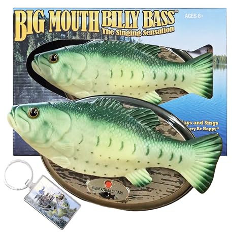 Big Mouth Billy Bass singender Fisch Geschenkset mit großem Bass, 3D-Schlüsselanhänger, bewegungsaktiviertes animatronisches Wandschild, singt Take Me to the River und Don't Worry Be Happy