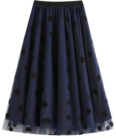 Damen Tüllrock mit Punkten Elastischer Hoher Bund A-Linie Faltenrock mit Futter Plisseerock Chiffon Mesh Rock Hochzeit Party Elegant Maxirock Midi Skirts Freizeit Mode Faltenrock