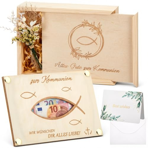Maitys 4er Set Holz Geldgeschenk zur Kommunion inklusive Geldgeschenkbox, Holzkarte mit Fischmotiv, Briefumschläge und Grußkarten, Trockenblumen, Kommunion Deko für Mädchen Junge