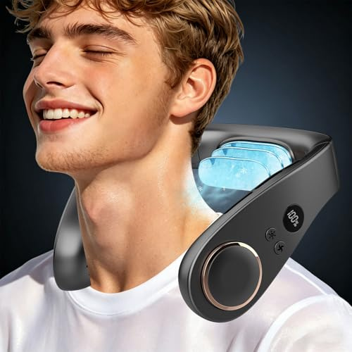 Kouric Neck Fan with Cooling Plate,Quiet 35dB,Max 24H Cooling,USB 5500mAh Battery,5 Speed&Power LED Display,Bladeless Fans to Wear Round,Personal AC Cooler for Women,Men,Kids,Travel,Outdoor,Black