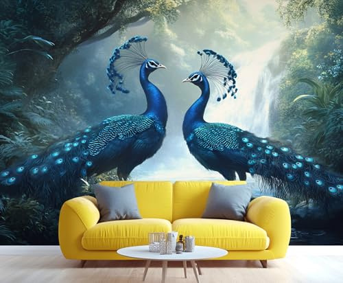 YXQAIED Blue Peacock Wallpaper Home Decor & Mural, Jungle Birds Bedroom Wallpaper, Tropical Waterfall Wallpapers Mural for Living Room, Not Self-Adhesive 3D Printed Murals