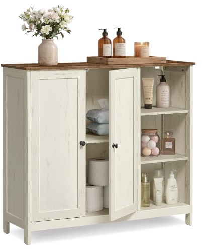 VASAGLE Badschrank, mit 2 Türen und offenen Fächern, 90 x 30 x 80 cm | Aufbewahrungsschrank, aus MDF, 1 Stück, für Badezimmer, Rustikales Weiss und Honigbraun, SIREN Kollektion BBK070WJ01