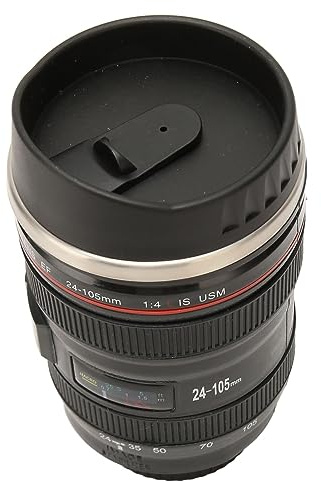Duokon Tazza da caffè con Obiettivo per Fotocamera, Tazza da Viaggio Isolata in Acciaio Inossidabile con Coperchio (BLACK)