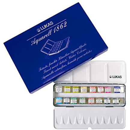 LUKAS 1862 Aquarell Half Pan Metal Box Set 15 x Half Pan | Assorted Colours, For Professional Watercolour Artists