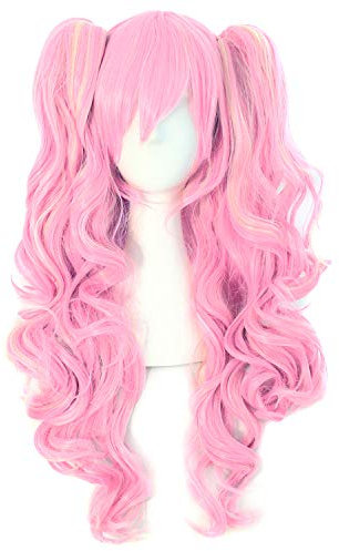 MapofBeauty farbige Lolita lange lockige geheftet auf Pferdeschwanz Cosplay Perücke (rosa/blond)