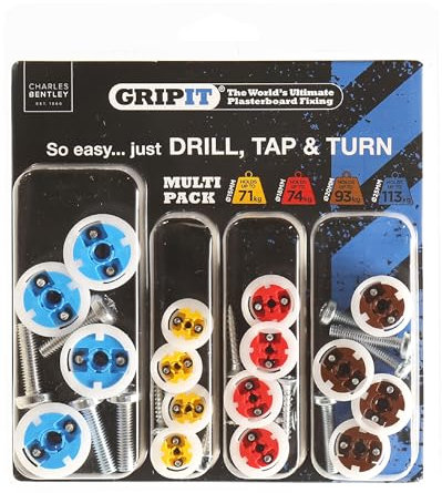 Gripit Mixed Heavy Duty Plasterboard Fixings Kit – Pack of 16 – Suitable for Drywall and Stud Walls – Supports Up to 113kg – Ideal for TV Brackets & Shelves – Easy Install – UK Designed