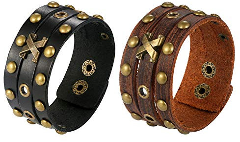 JewelryWe Schmuck 2pcs Herren Retro Breit Lederarmband Punk Rock Kreuz Nieten geflochten Leder Armreif Manschette Druckknopf Biker Armband verstellbar Schwarz/Braun