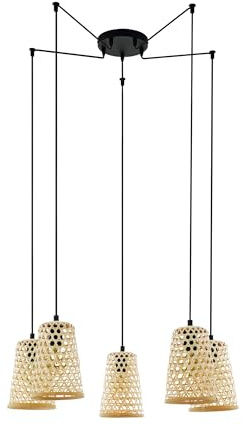 Eglo Claverdon Pendant Light, 5-Bulb Hanging Lamp Vintage Style, Natural | Boho, Hygge, Steel and Wood in Black and Natural Tones, Dining table lamp, Hanging Living Room Light with E27 Socket