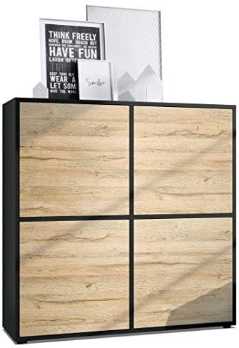 Vladon Highboard Cuba V2 Schrank 104 x 105,5 x 35,5 cm Sideboard mit 8 Fächern, Made in Germany, Korpus in Schwarz matt/Fronten in Eiche Natur