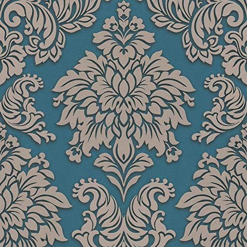 Barock-Tapete Ornament-Tapete Beige Crème Blau Silber Vliestapete Beige Crème Blau Silber | Tapeten online kaufen